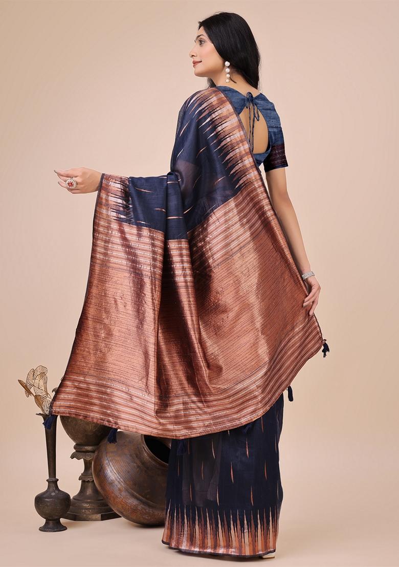 Navy Blue Zari Work Linen Cotton Saree Set