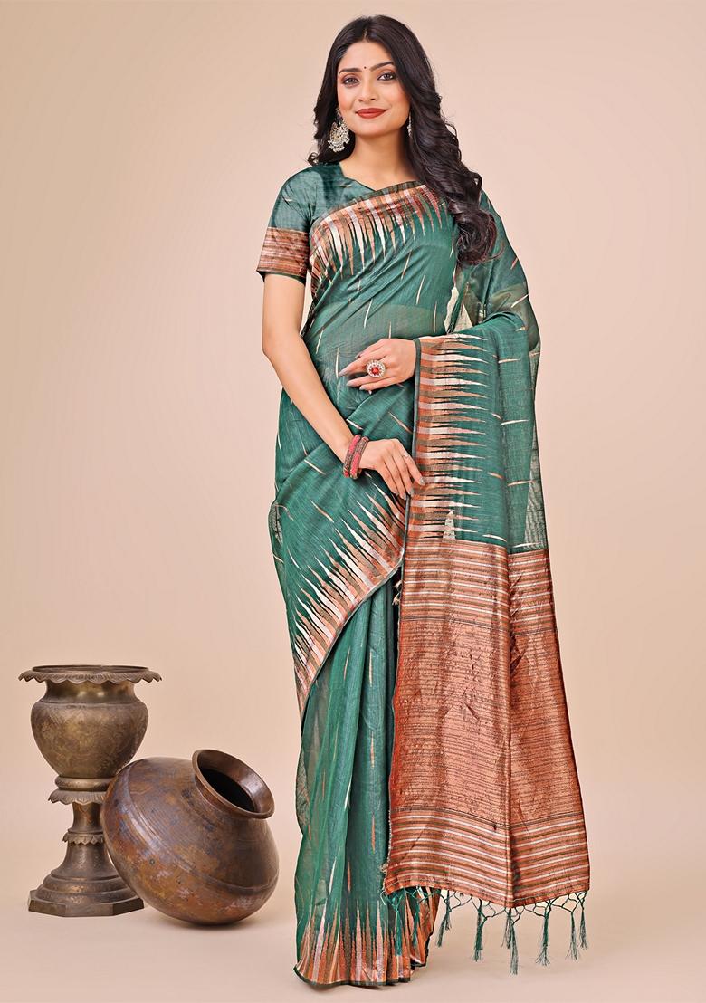 Green Zari Work Linen Cotton Saree Set