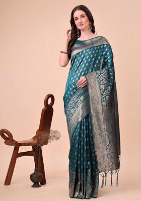 Turquise Blue Zari Work Lichi Silk Saree Set