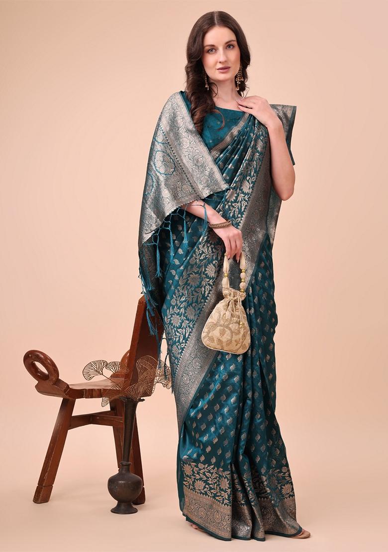 Turquise Blue Zari Work Lichi Silk Saree Set
