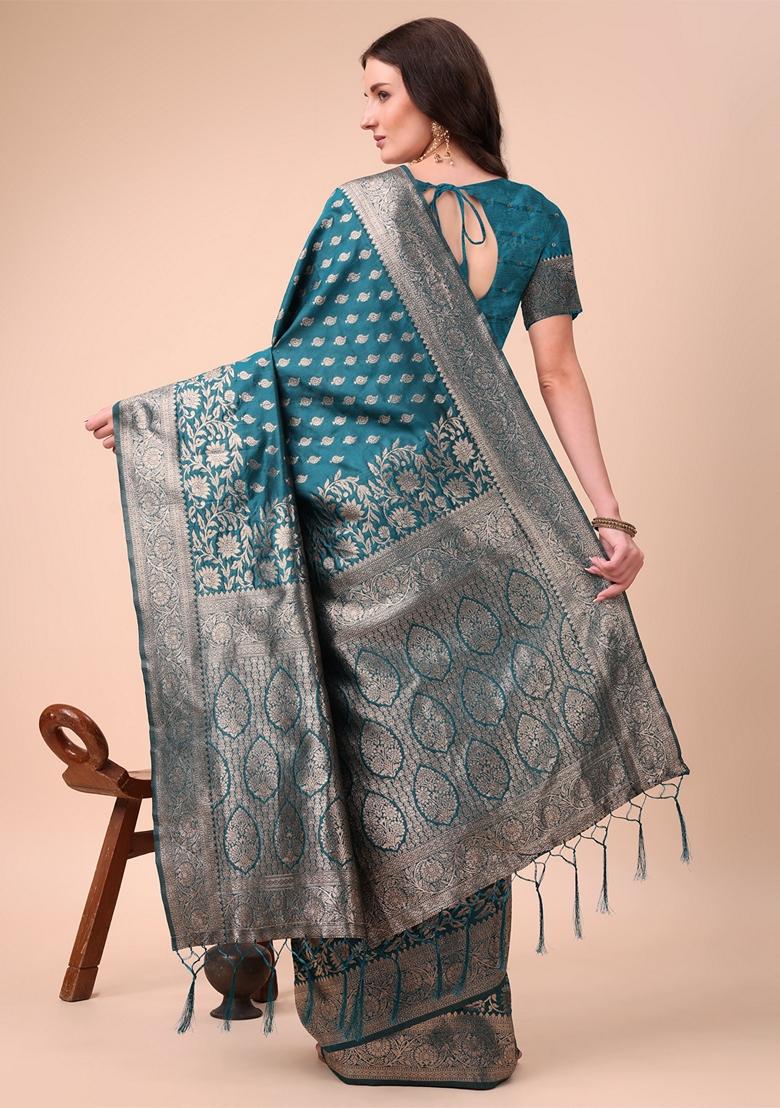 Turquise Blue Zari Work Lichi Silk Saree Set