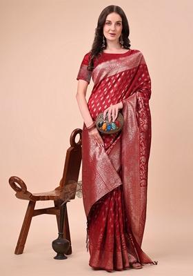 Red Zari Work Lichi Silk Saree Set