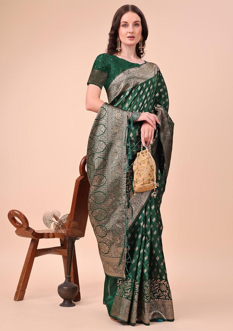 Green Zari Work Lichi Silk Saree Set