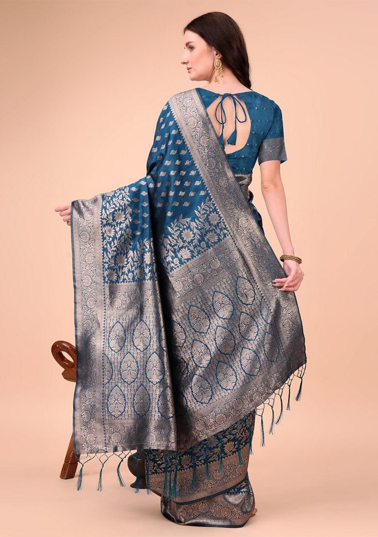 Blue Zari Work Lichi Silk Saree Set