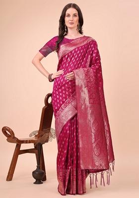 Magenta Zari Work Lichi Silk Saree Set