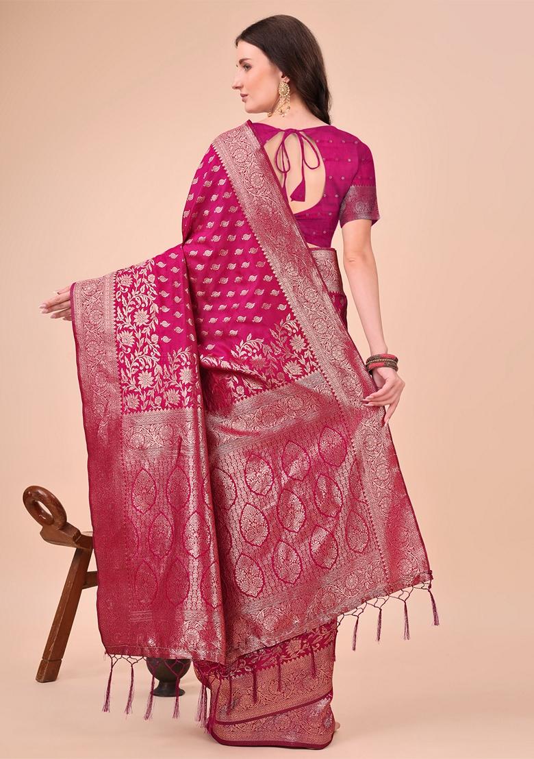 Magenta Zari Work Lichi Silk Saree Set