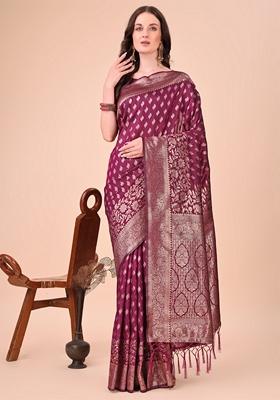 Purple Zari Work Lichi Silk Saree Set