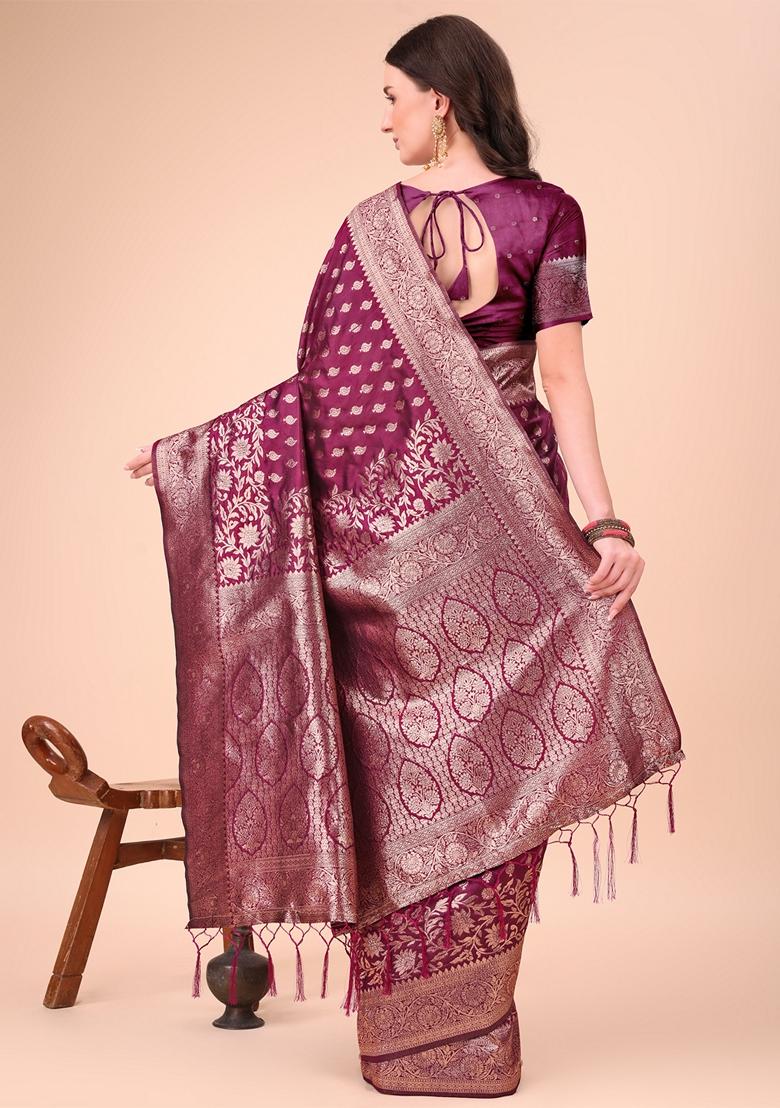 Purple Zari Work Lichi Silk Saree Set