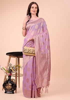 Light Pink Zari Work Cotton Saree Set