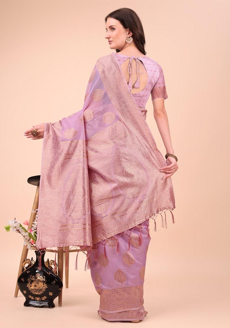 Light Pink Zari Work Cotton Saree Set