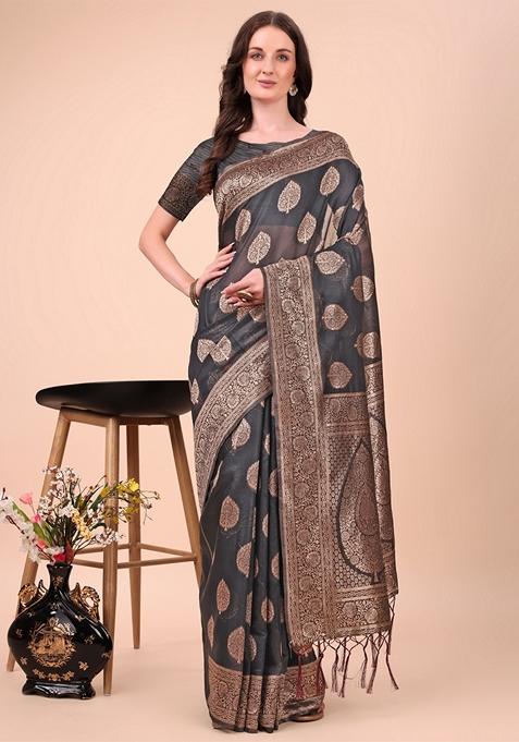 Black Zari Work Cotton Saree Set