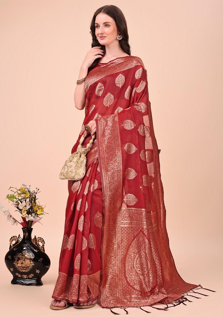 Maroon Zari Work Cotton Saree Set