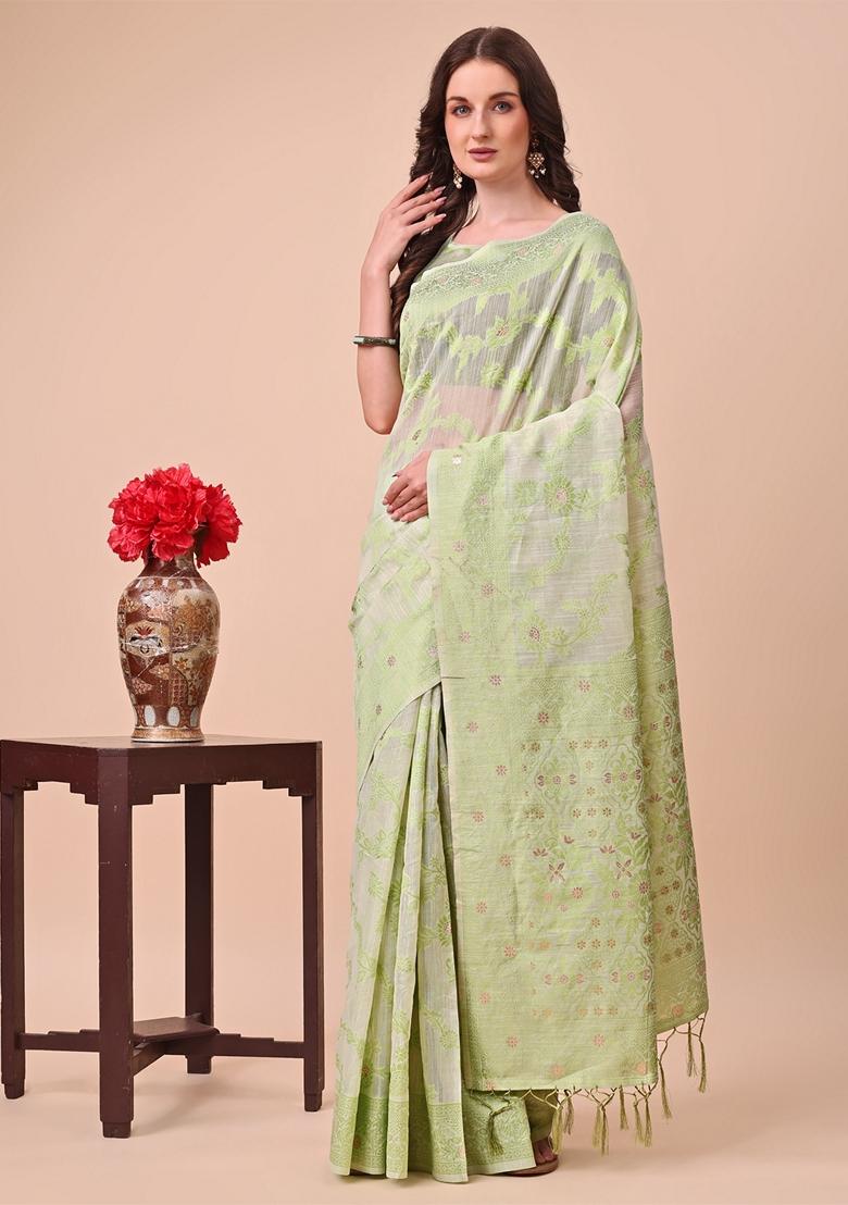 Light Green Zari Work Cotton Saree Set