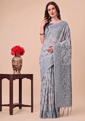 Grey Zari Work Cotton Saree Set
