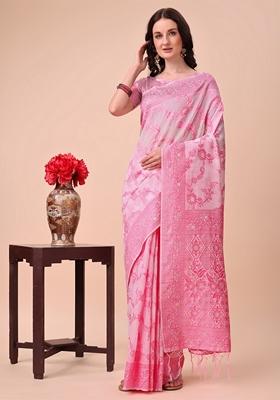 Pink Zari Work Cotton Saree Set