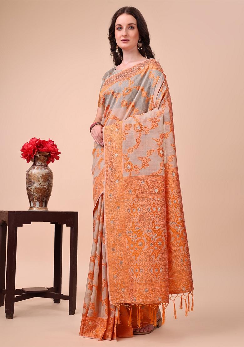 Orange Zari Work Cotton Saree Set