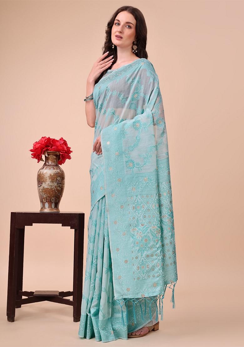 Sky Blue Zari Work Cotton Saree Set