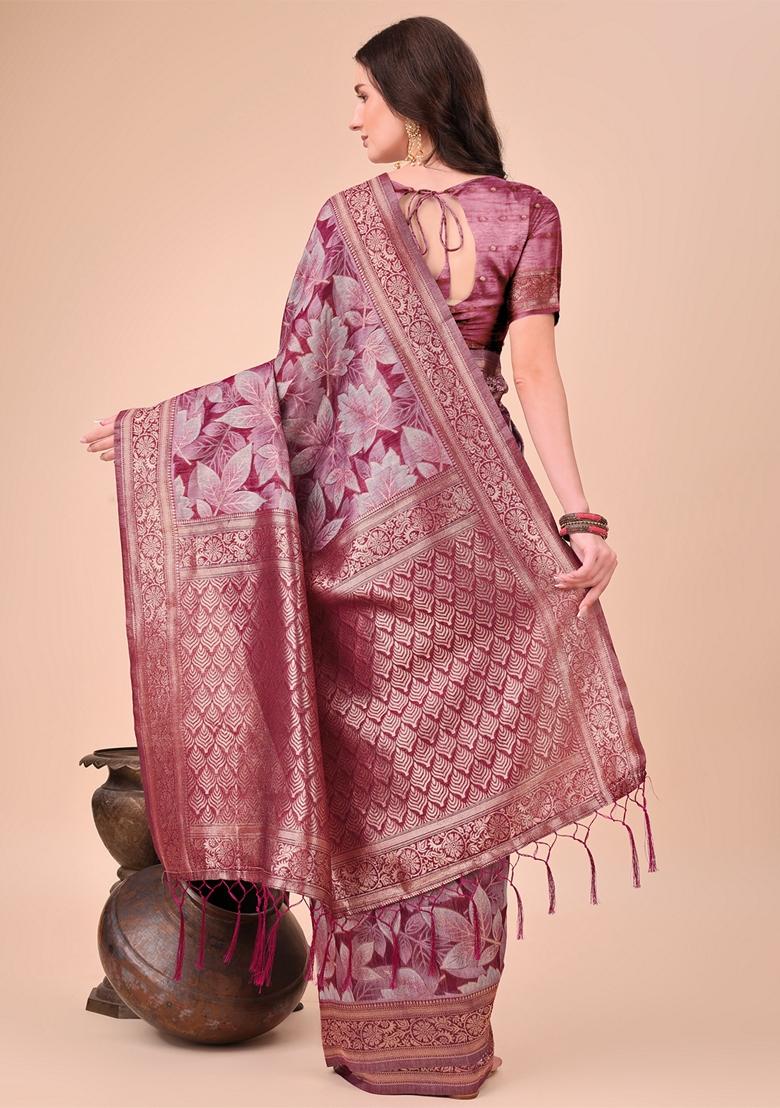 Magenta Zari Work Cotton Saree Set