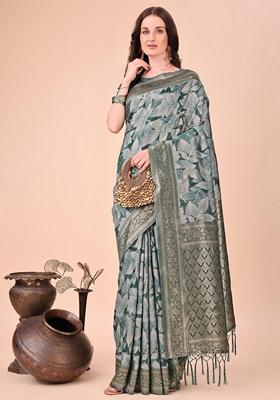 Green Zari Work Cotton Saree Set