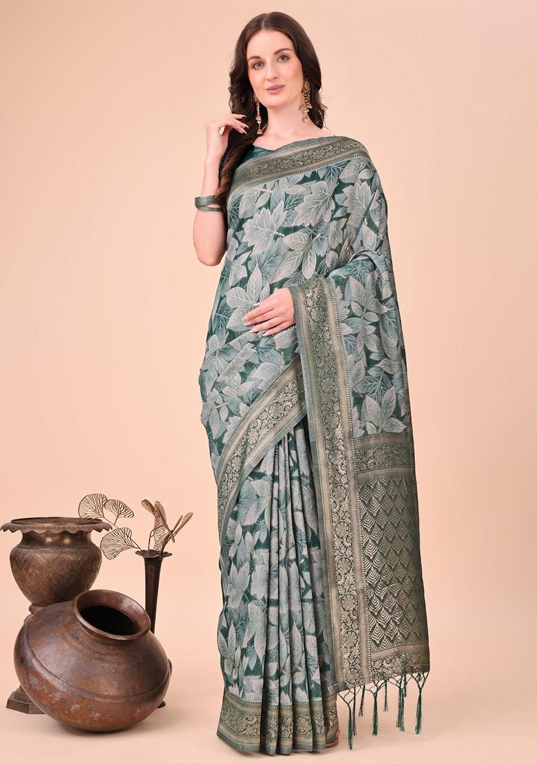 Green Zari Work Cotton Saree Set