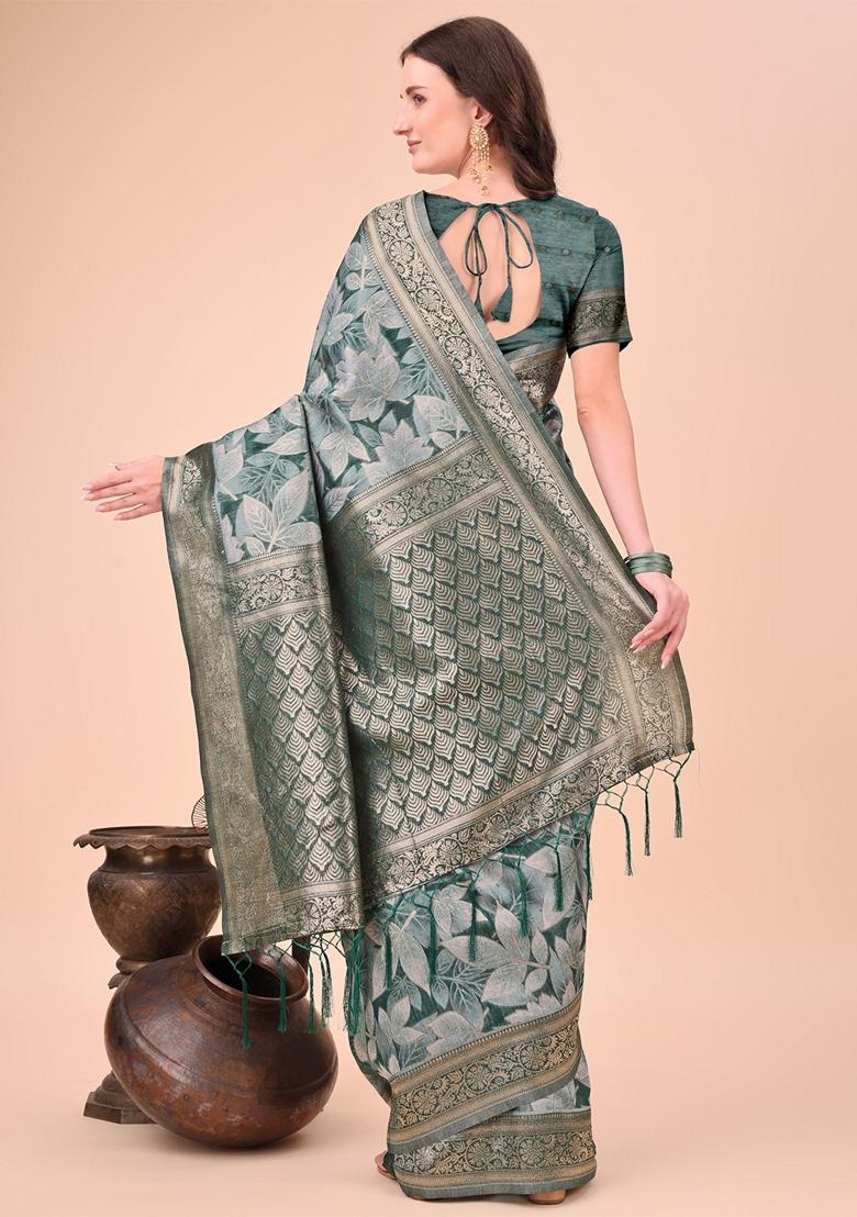 Green Zari Work Cotton Saree Set