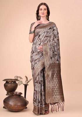Brown Zari Work Cotton Saree Set