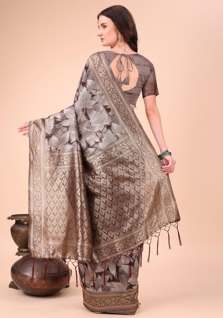 Brown Zari Work Cotton Saree Set
