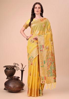 Yellow Zari Work Linen Cotton Saree Set