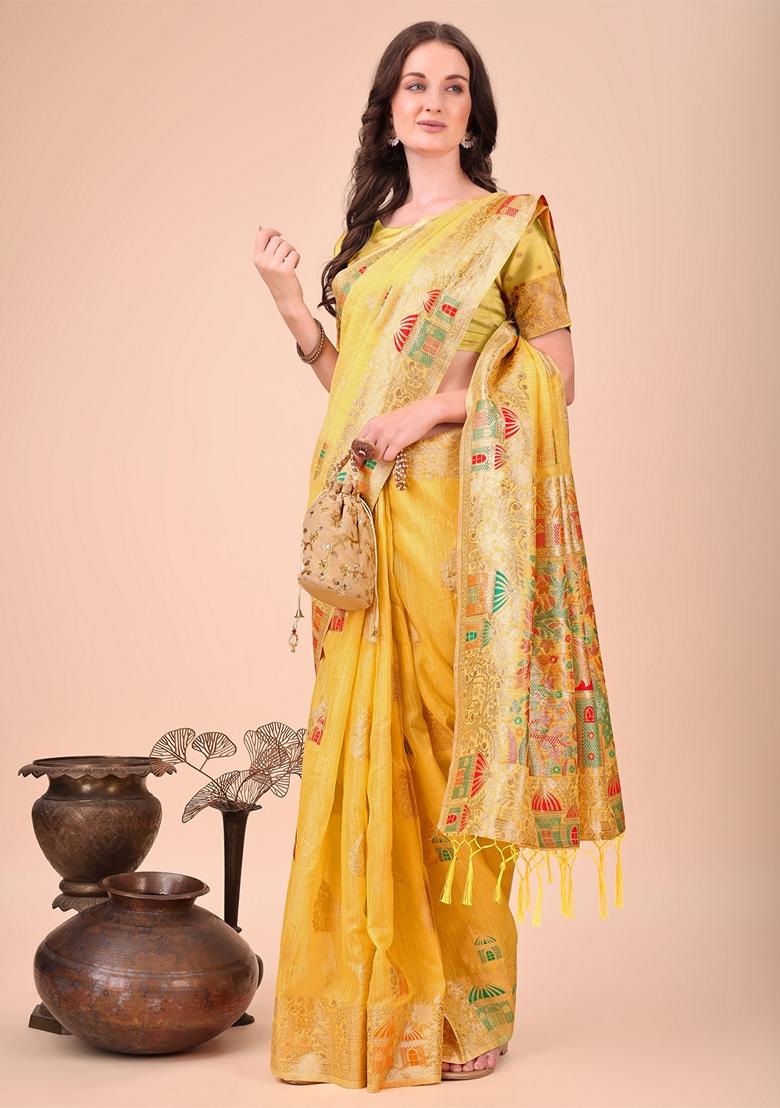 Yellow Zari Work Linen Cotton Saree Set