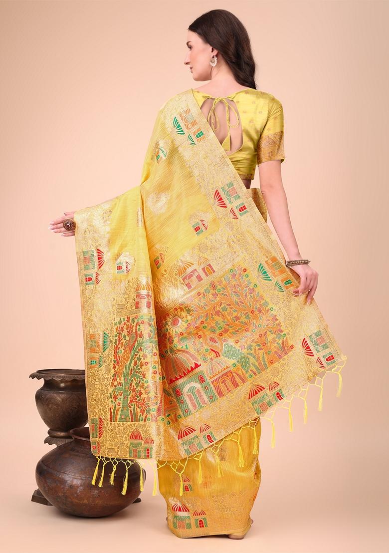 Yellow Zari Work Linen Cotton Saree Set