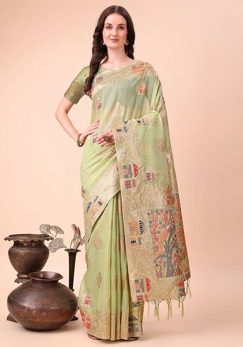 Light Green Linen Cotton Saree Set with Zari Work for Diwali | Wedding & Festive Wear