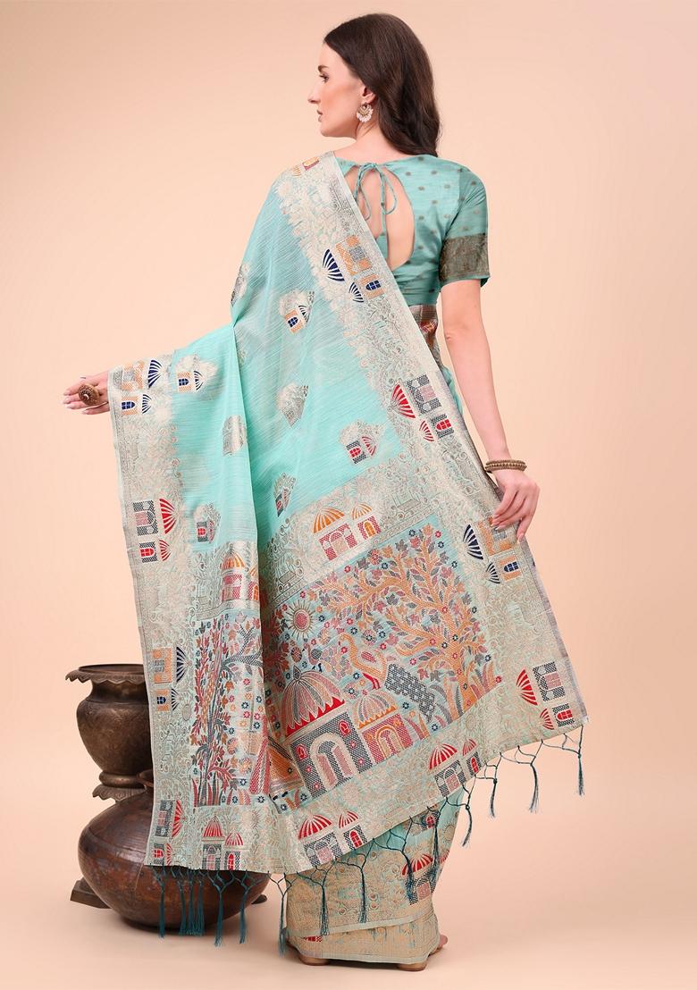 Sky Blue Zari Work Linen Cotton Saree Set