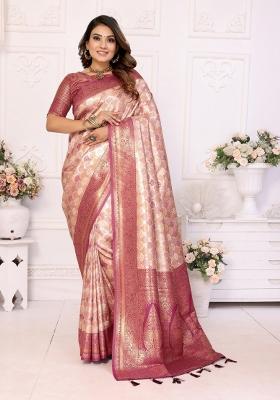 Cream Jacquard Weaving Banarasi Silk Saree Set