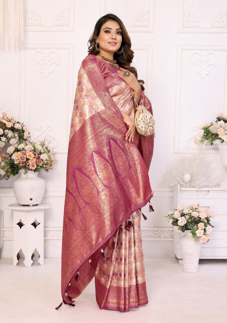 Cream Jacquard Weaving Banarasi Silk Saree Set