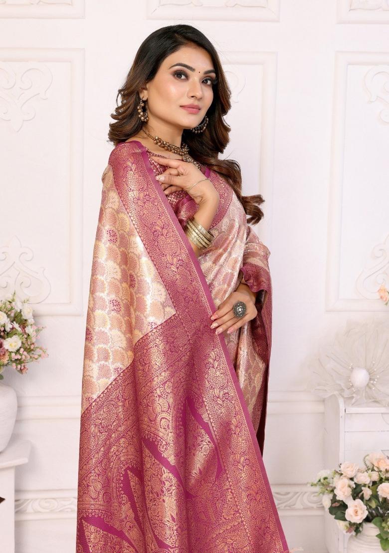 Cream Jacquard Weaving Banarasi Silk Saree Set