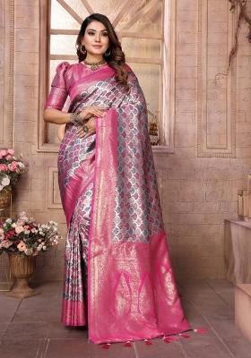 Grey Jacquard Weaving Banarasi Silk Saree Set
