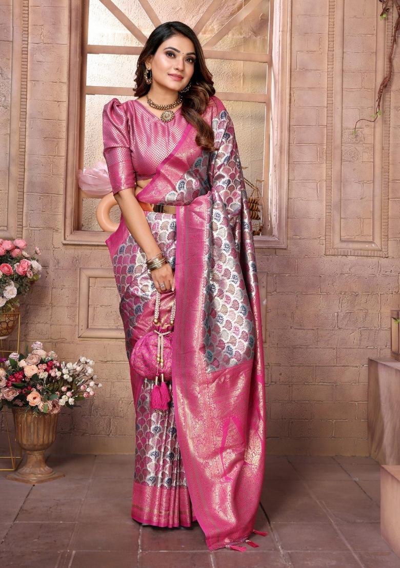 Grey Jacquard Weaving Banarasi Silk Saree Set