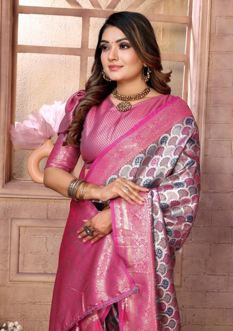 Grey Jacquard Weaving Banarasi Silk Saree Set