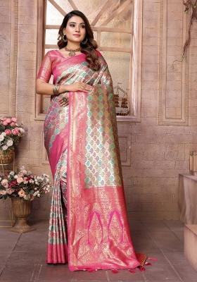 Multicolor Jacquard Weaving Banarasi Silk Saree Set
