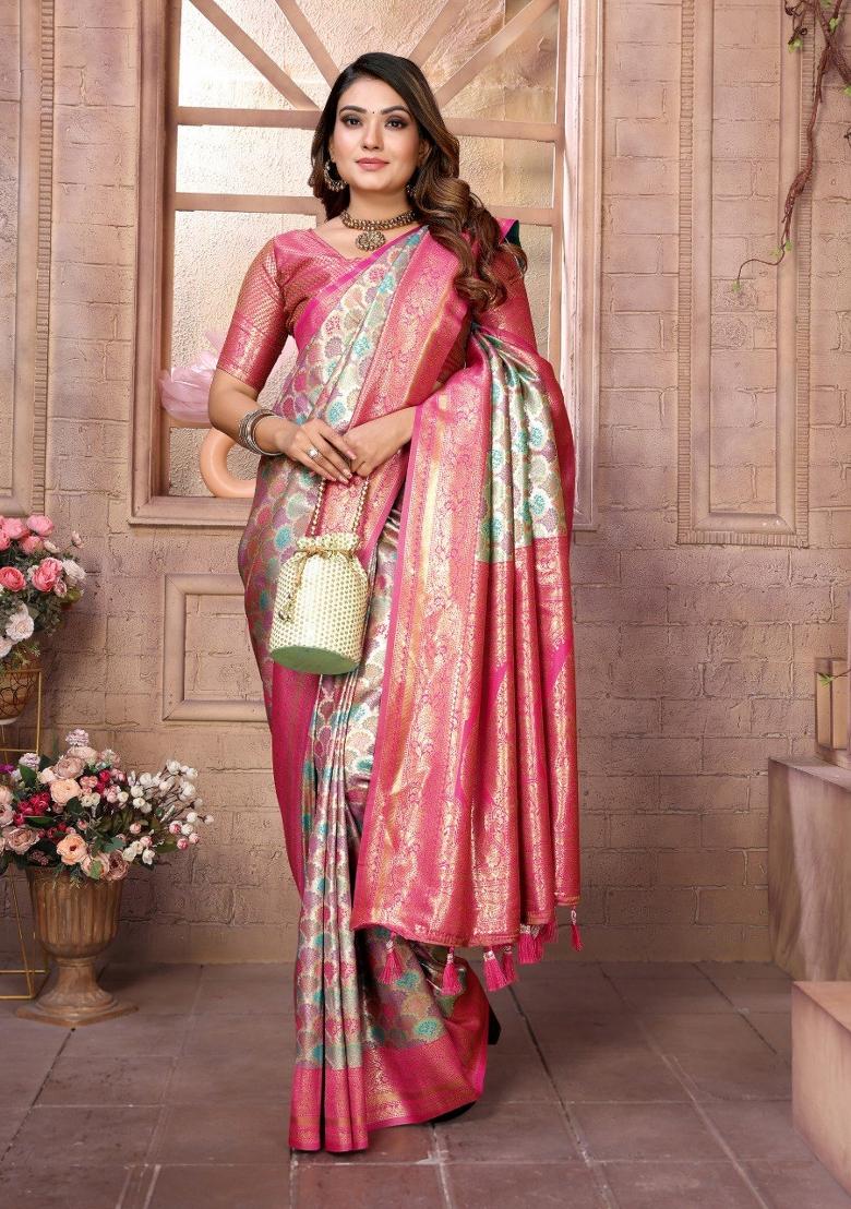 Multicolor Jacquard Weaving Banarasi Silk Saree Set