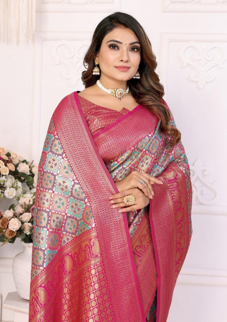 Multicolor Jacquard Weaving Banarasi Silk Saree Set