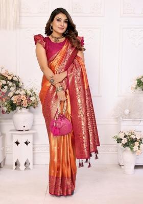 Orange Jacquard Weaving Banarasi Silk Saree Set