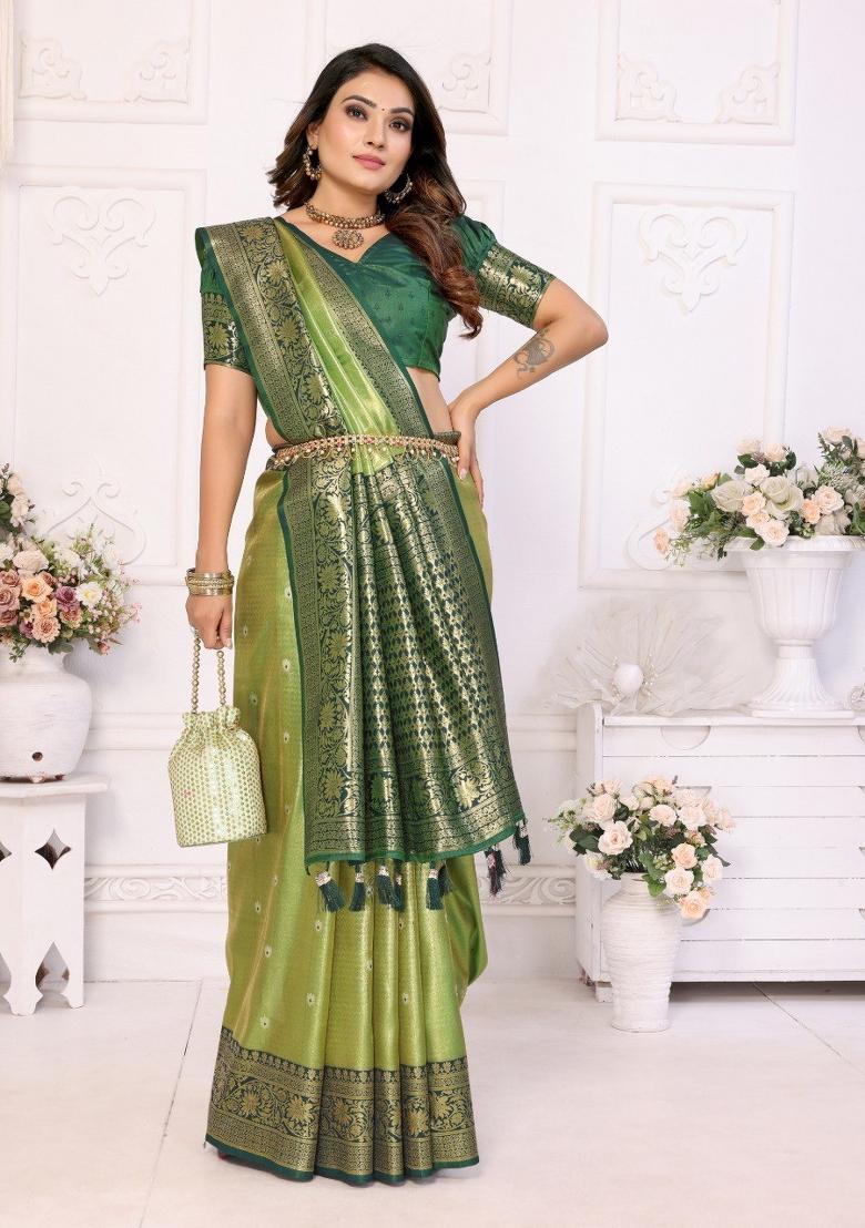 Pista Green Jacquard Weaving Banarasi Silk Saree Set