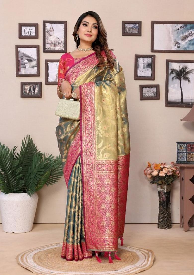 Multicolor Jacquard Weaving Banarasi Silk Saree Set