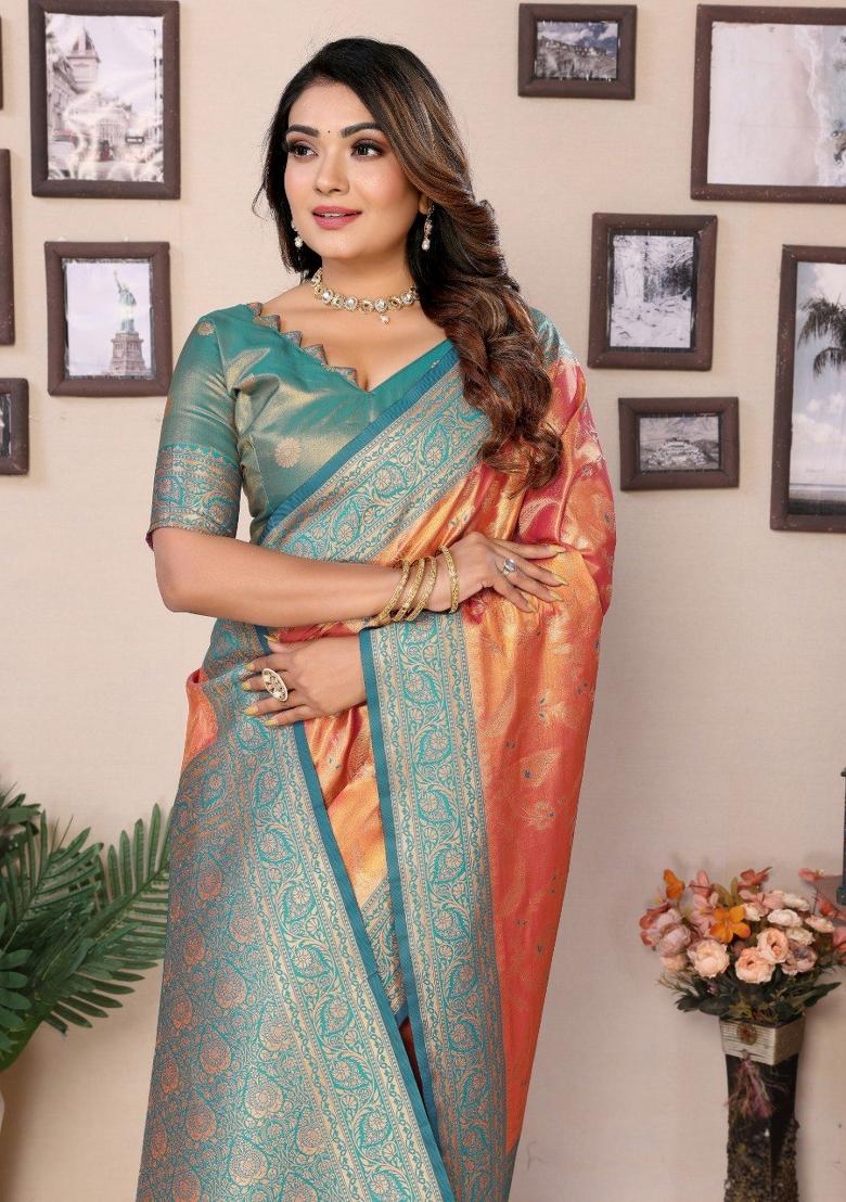 Multicolor Jacquard Weaving Banarasi Silk Saree Set