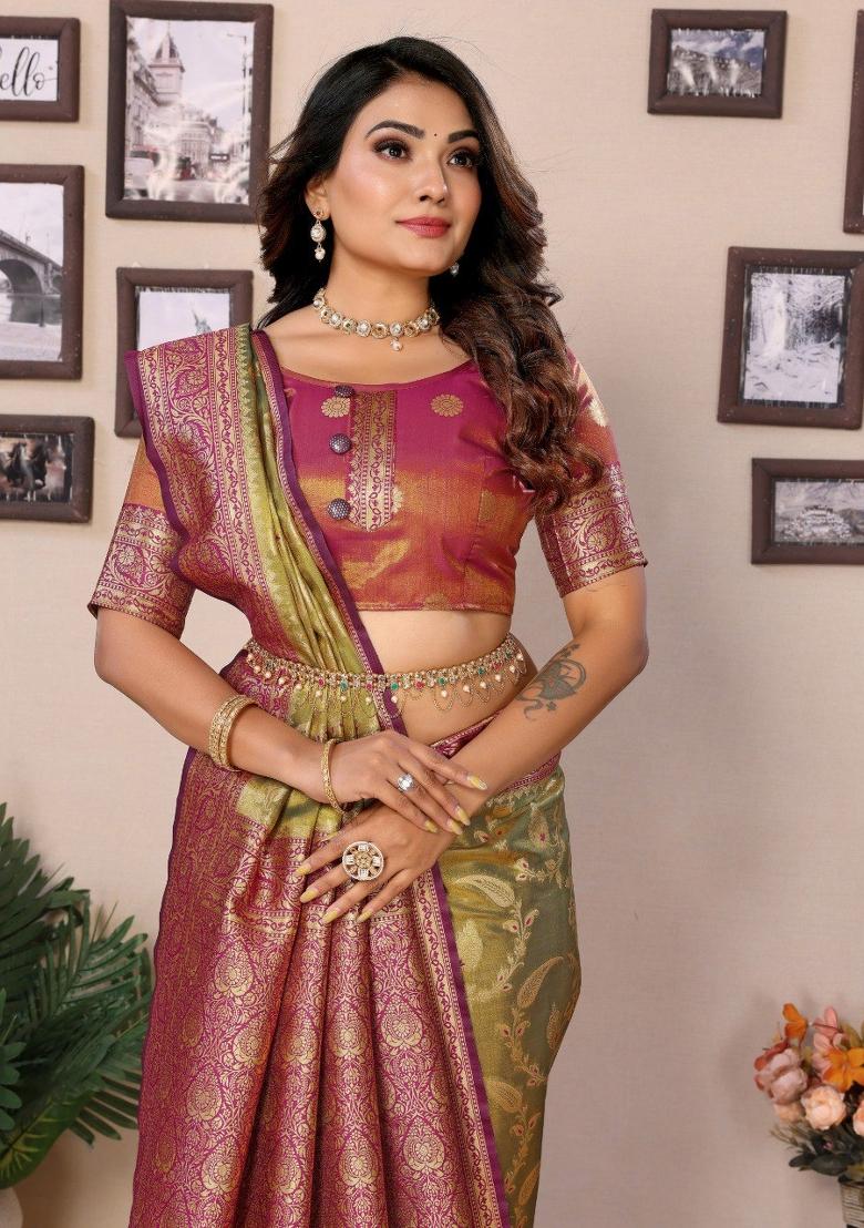 Multicolor Jacquard Weaving Banarasi Silk Saree Set