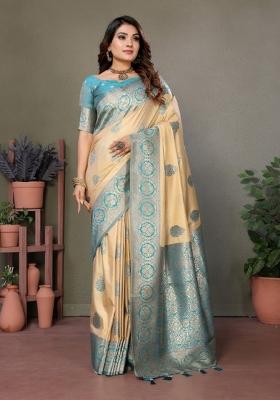 Cream Jacquard Weaving Viscose Silk Saree Set