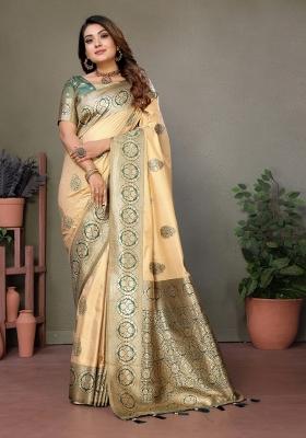 Cream Jacquard Weaving Viscose Silk Saree Set