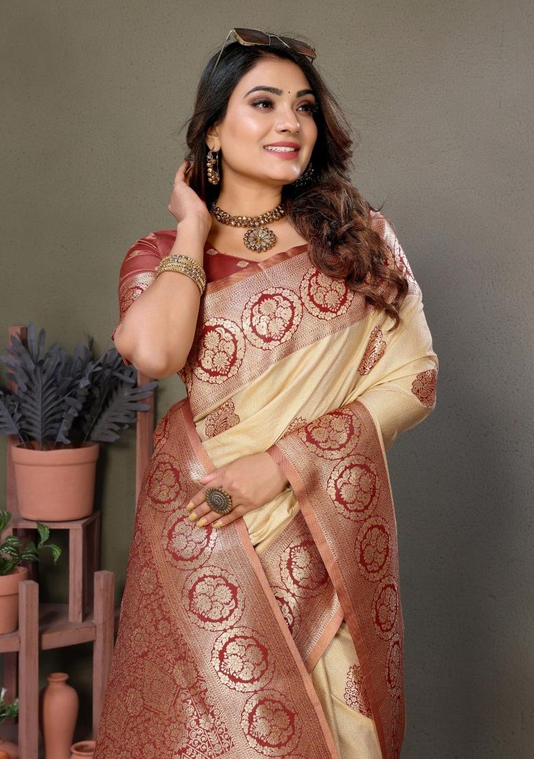 Cream Jacquard Weaving Viscose Silk Saree Set