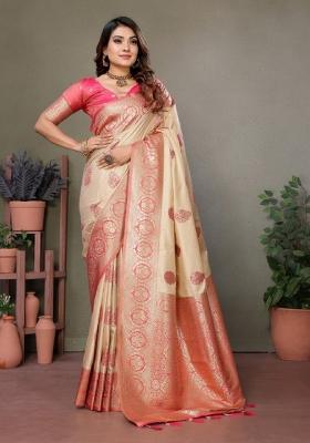 Cream Jacquard Weaving Viscose Silk Saree Set